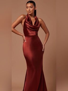 Laena Satin Draped Maxi Dress - Rust